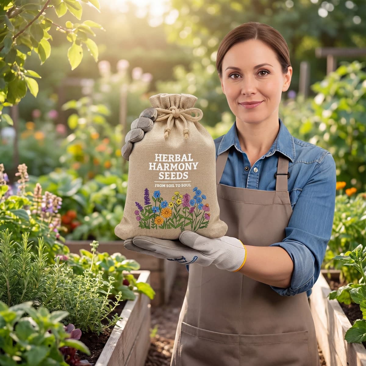 A gardener holding the Vimtoba Herbal Harmony Seeds burlap bag in a sunlit raised-bed garden surrounded by herbs and flowers