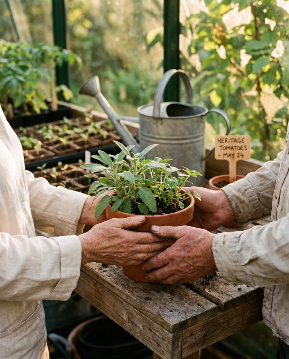 Hands cradling a small clay pot of seedlings on a wooden potting bench